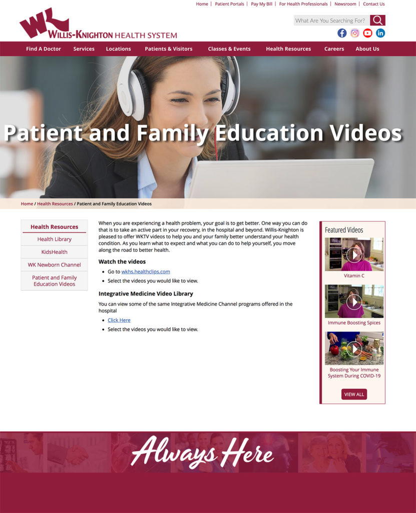 Layout of a marketing page for Willis-Knighton Health System
