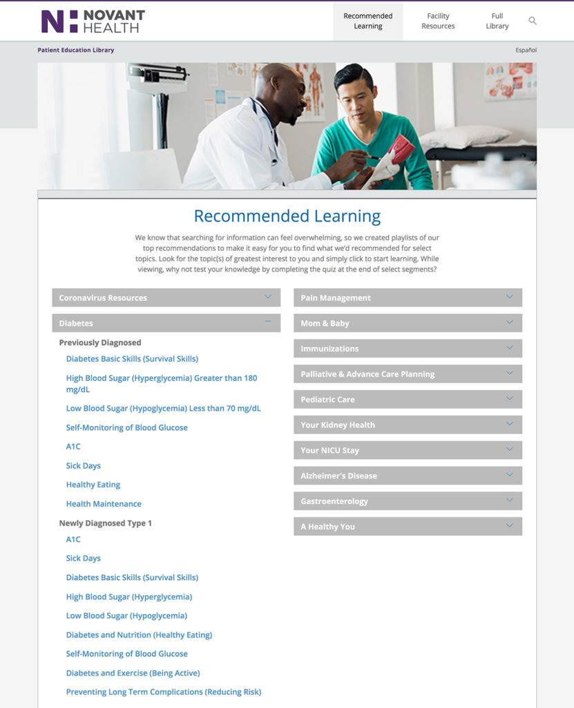  Sample layout displaying recommended learning for Diabetes