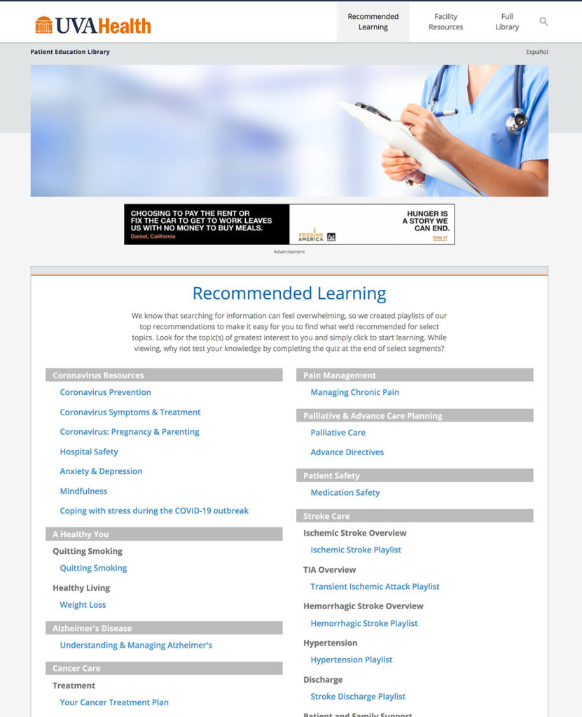 Sample layout displaying recommended learning for Stroke, Transplant, and Mom & Baby