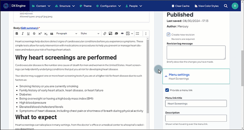 Demonstration of pasting the HealthAdvisor Assessment embed code to a page