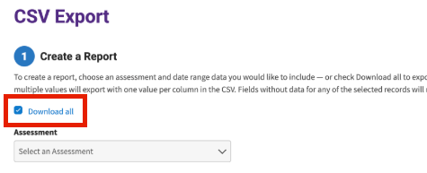 Screenshot of a sample CSV Export page. The Download all option is highlighted.