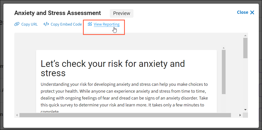 Screenshot of a HealthAdvisor Assessment with the View Reporting