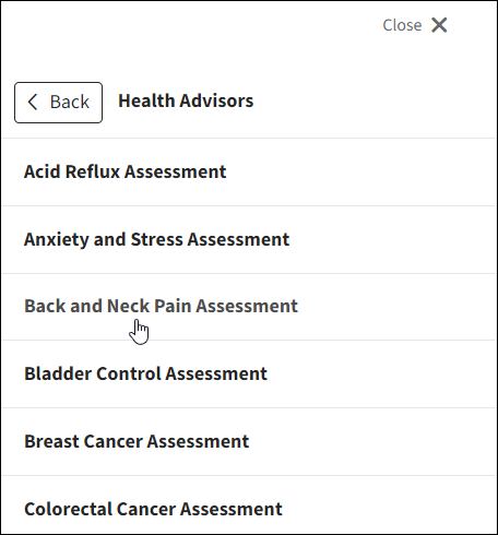 Screenshot of a sample list of HealthAdvisor Assessments