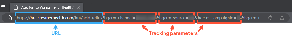Screenshot of a HealthAdvisor assessment URL with the base URL and tracking parameters labeled