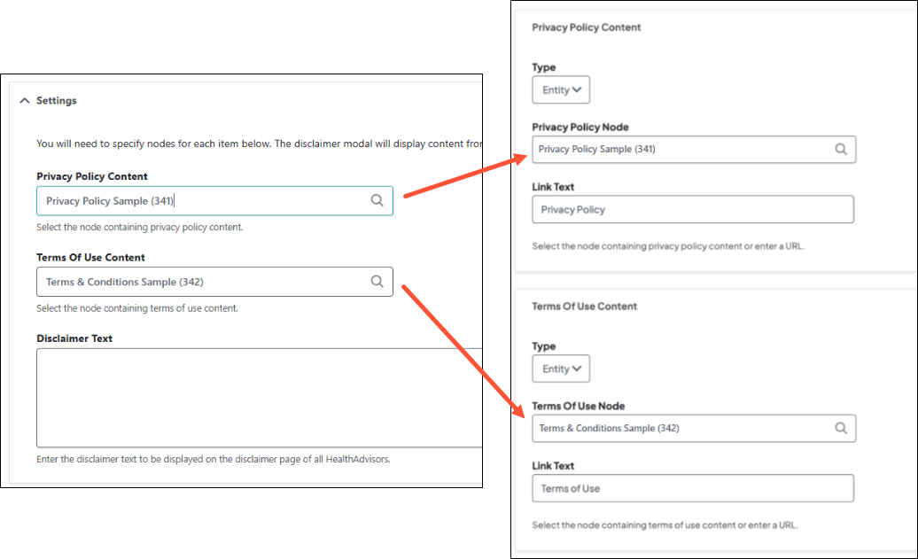 Two screenshots of the Privacy Policy and Terms of Use settings in the Theme: the image on the left is the old configuration and the image on the right is the new configuration with the settings in different sections. There are orange arrows that point from the old fields to the matching new ones.