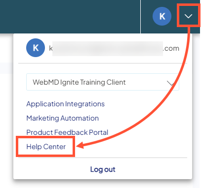 Screenshot showing where to click Help Center in the profile menu in Ignite Growth Platform