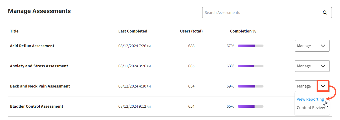 Screenshot of the Manage Assessment section with the Manage dropdown expanded and View Reporting link highlighted