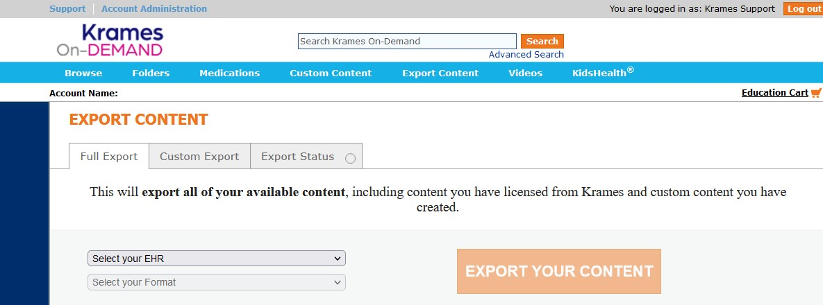 Content Export Module screen