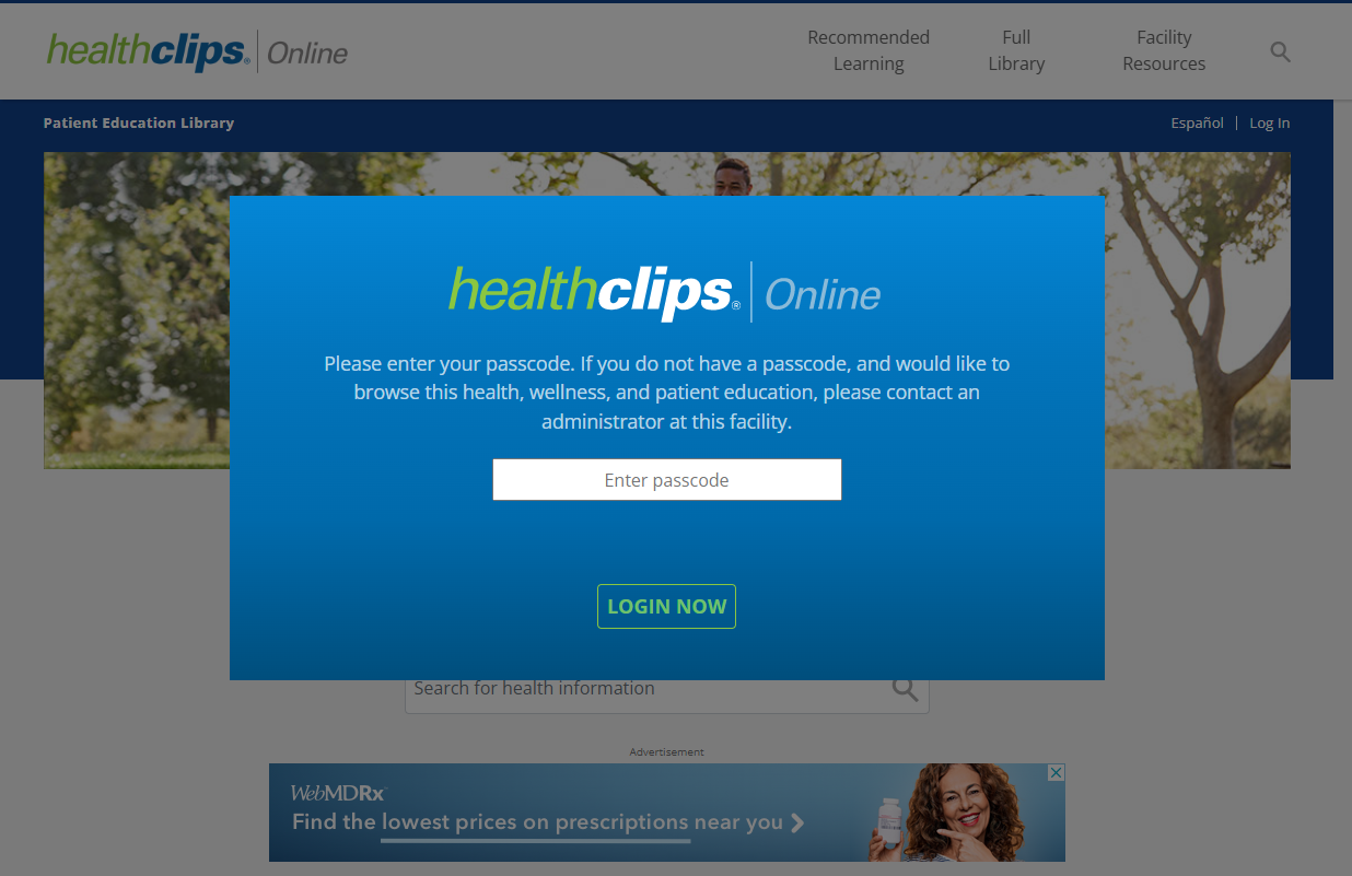 HealthClips login screen