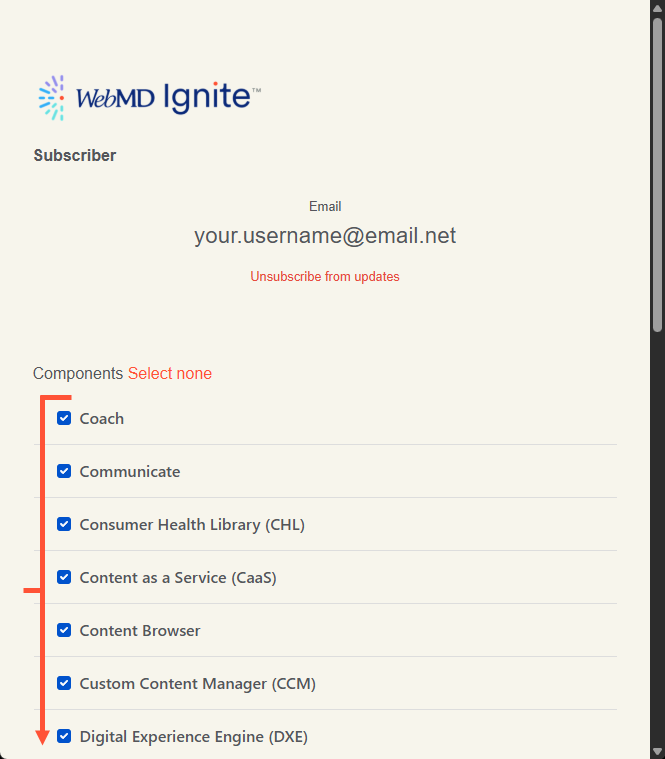 Screenshot showing the initial page of the subscription management screen. The email address of the corresponding user appears at the top. Below is a checklist of each product, highlighted in the screenshot. Each checkbox visible is currently checked, which is the default setting. This sets the user to receive update notices for all products.