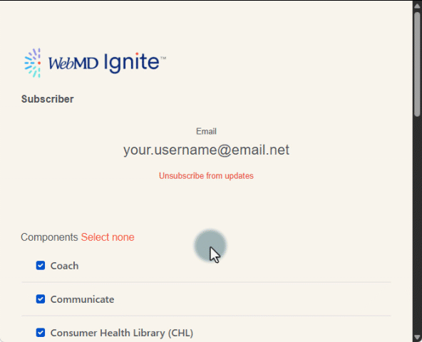 Demonstration showing how to click 'Select none' to clear all checkboxes, then reselect certain checkboxes. At the end, click 'Save' to save the changes. The screen returns to the Statuspage dashboard with a confirmation message at the top reading 'Awesome! Your subscription preferenecs have been updated.'