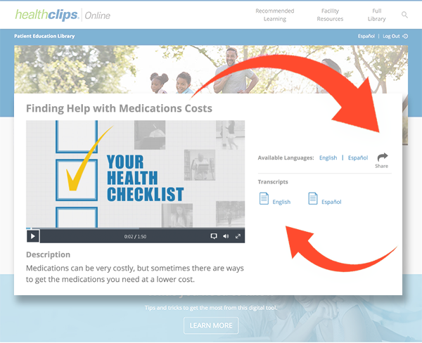 Screenshot of a HealthClips Online video player with arrows highlighting the share button and language transcripts