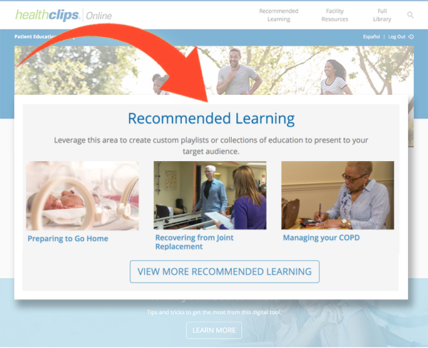 Screenshot of a HealthClips Online recommended learning playlist