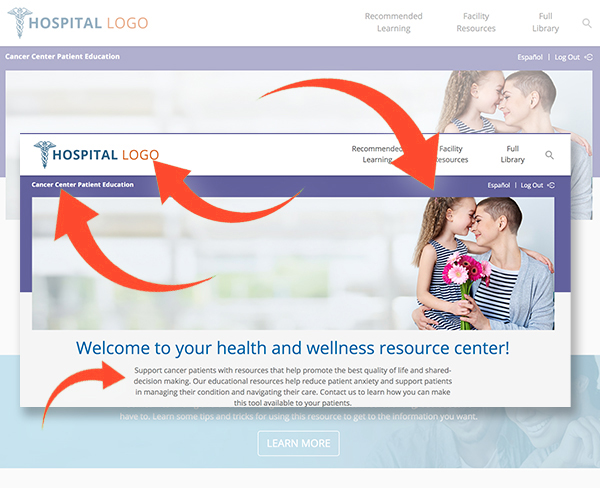 Screenshot of a HealthClips Online page with arrows pointing to customizable elements