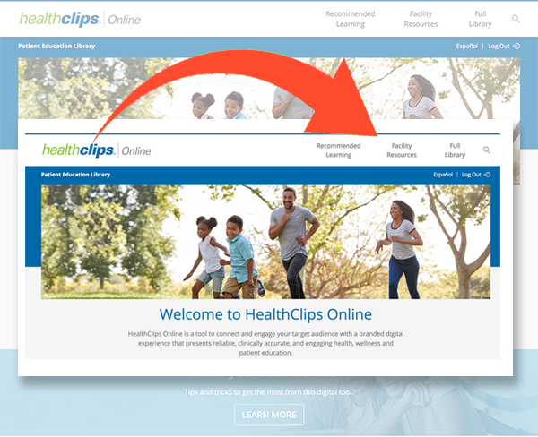Screenshot of the HealthClips Online homepage with some arrows representing easy navigation