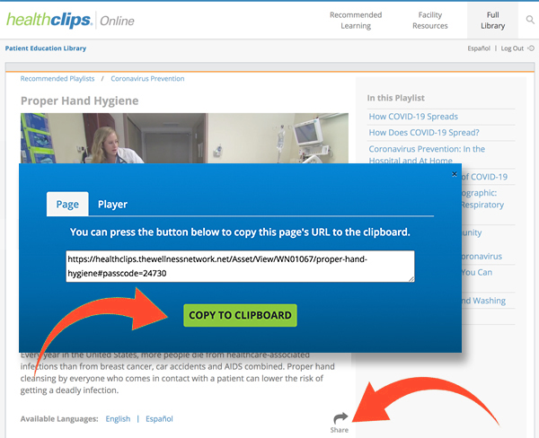 Screenshot of a 'Copy to clipboard' button in HealthClips Online