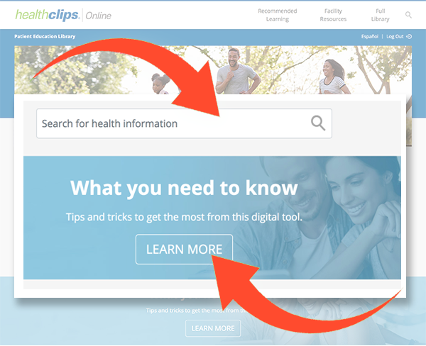 Screenshot of HealthClips Online search bar and 'Learn more' button