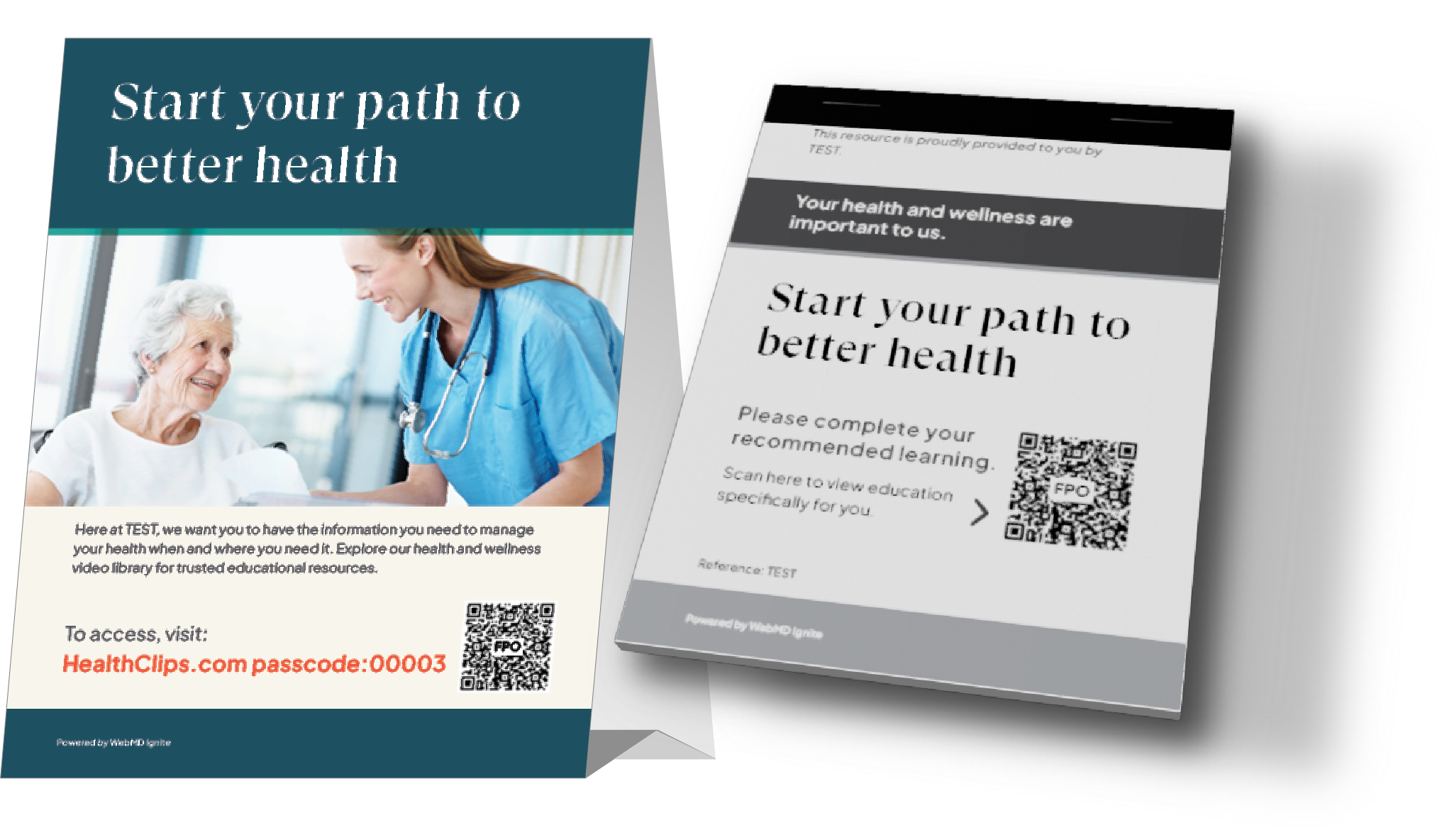 Stock images of a WebMD TV table tent and tearaway pads.